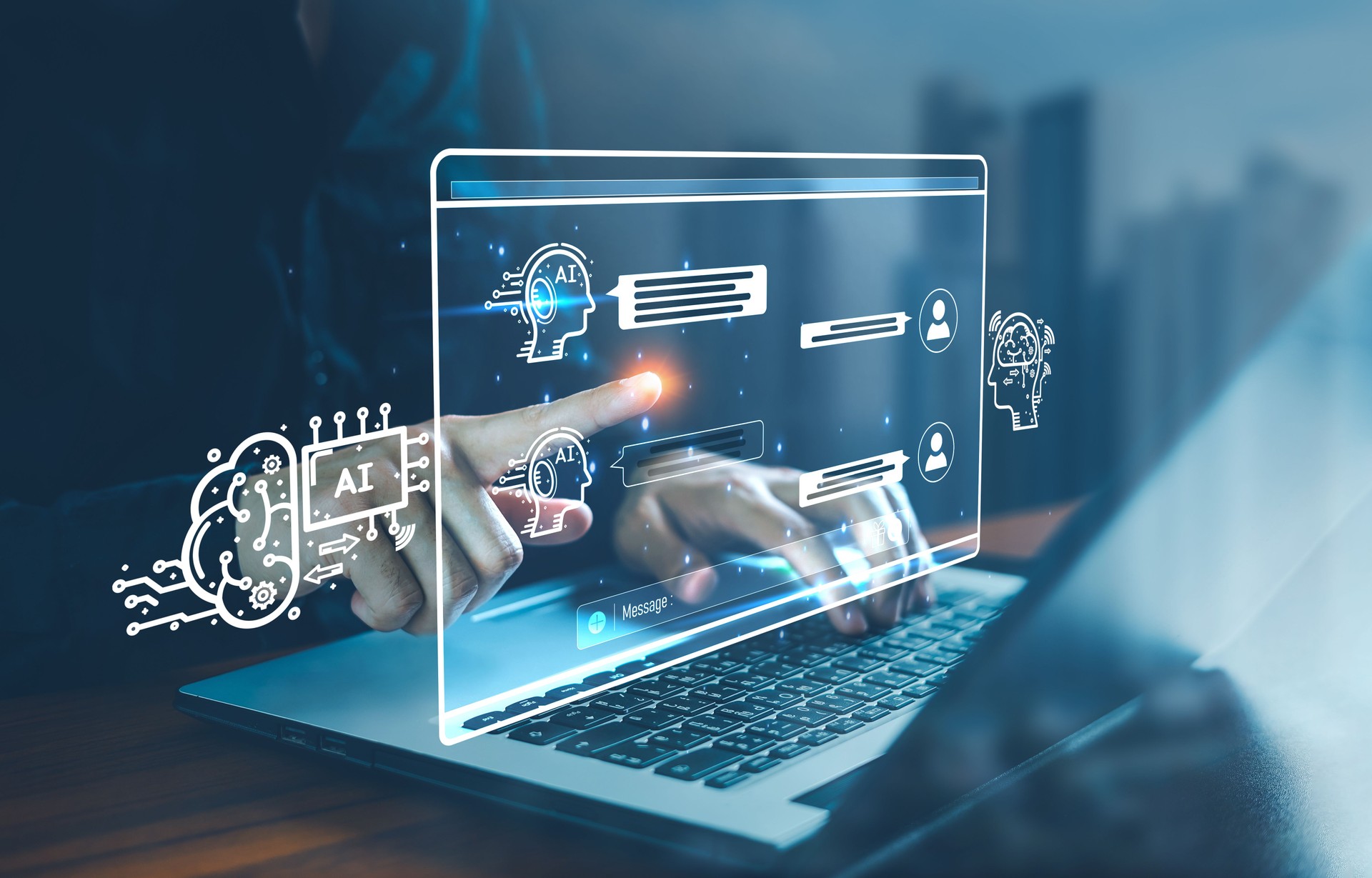 Conversation de chatbot AI utilisant la technologie de l’intelligence artificielle robot intelligent IA, IA générative, réponse, homme d’affaires utilisant l’IA pour générer quelque chose, support client, ordinateur portable, assistant, interfac