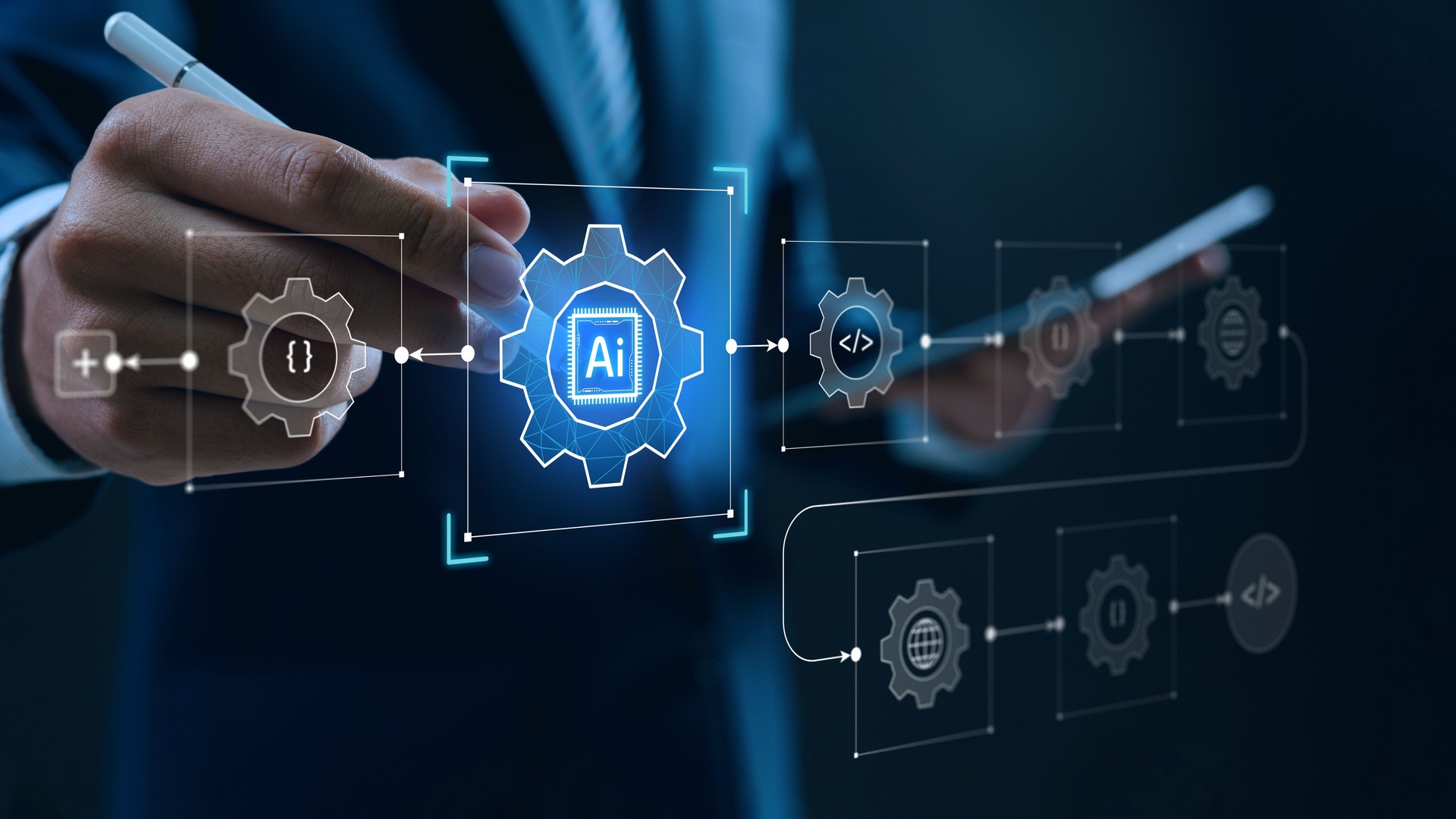 Concept technologique d’intégration de l’IA et d’automatisation des flux de travail. main d’affaires utilisant un stylet pour contrôler l’interface d’engrenage numérique, symbolisant l’optimisation des processus, l’innovation et les syst