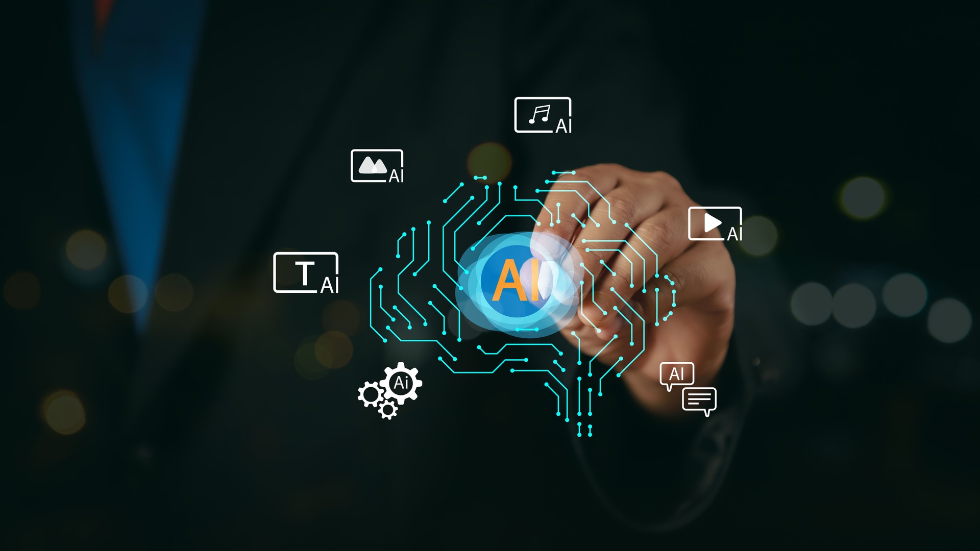 Automatisation de l’IA, technologie de traitement pour une gestion efficace des flux de travail et l’innovation. Professionnel utilisant un ordinateur portable avec un assistant virtuel, un chatbot, l’analyse de données et la génération de contenu